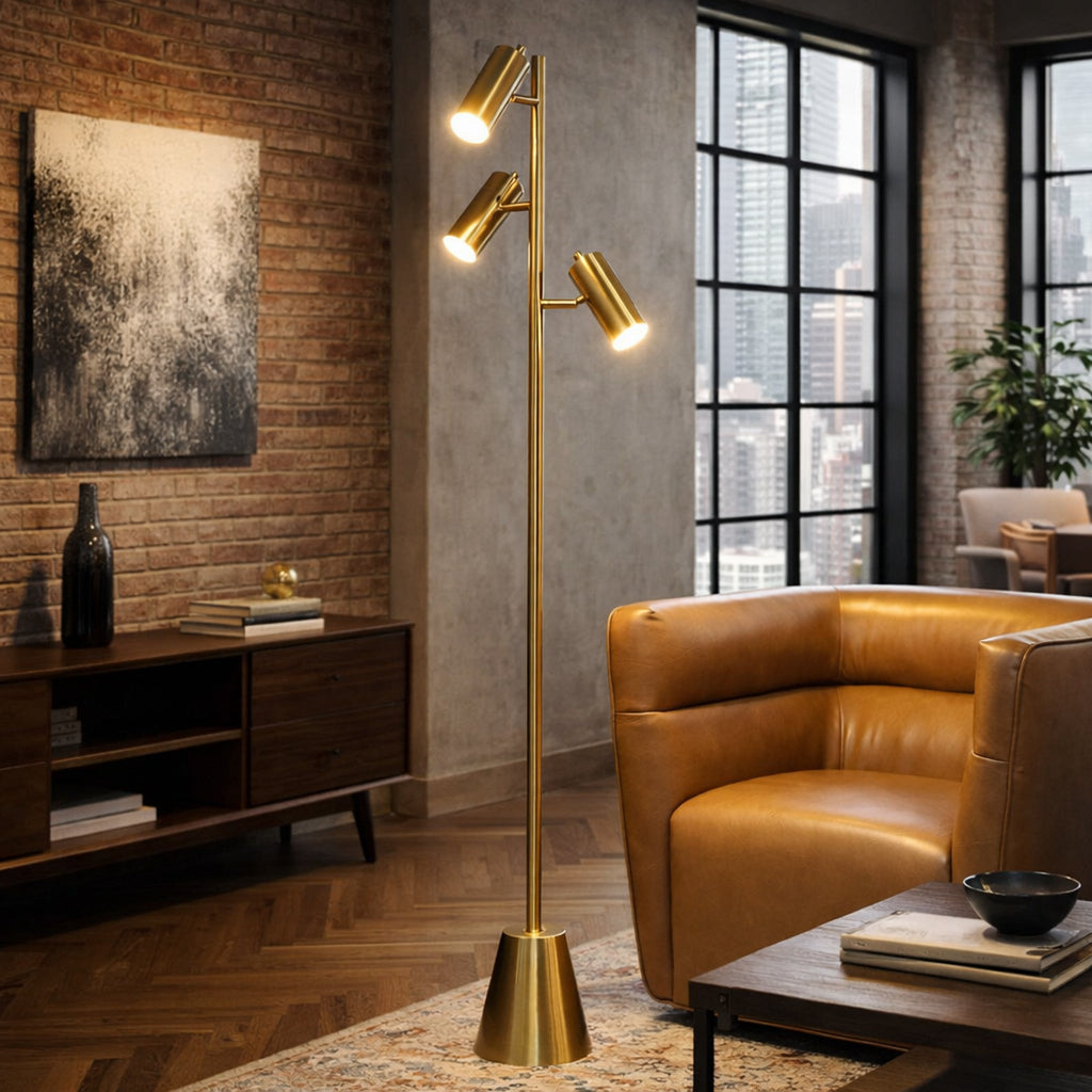 Lumina Brassed Gold Floor Lamp with Rotary Switch Triple Spots Metal Cone Base