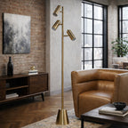 Lumina Brassed Gold Floor Lamp with Rotary Switch Triple Spots Metal Cone Base