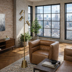 Lumina Brassed Gold Floor Lamp with Rotary Switch Triple Spots Metal Cone Base