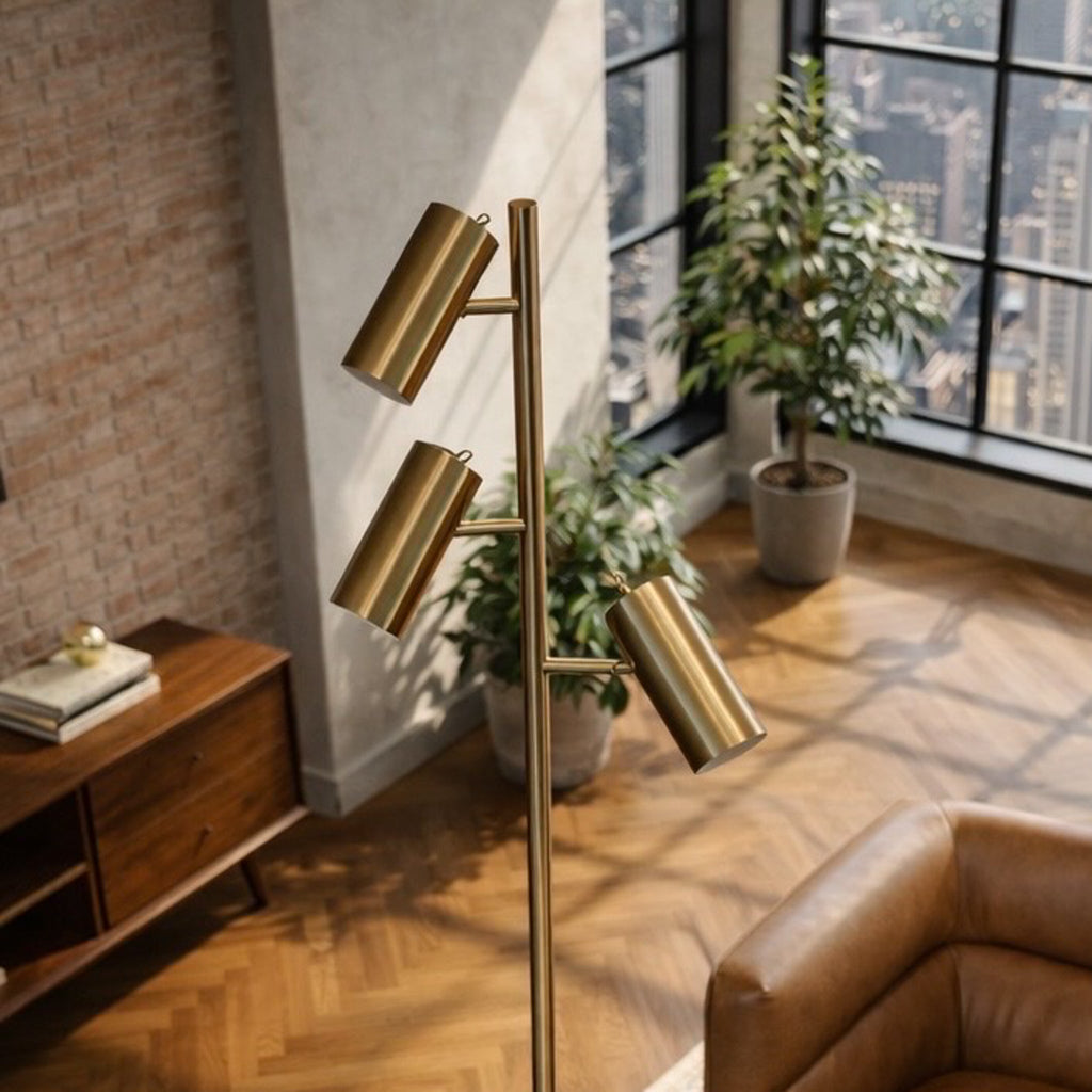 Lumina Brassed Gold Floor Lamp with Rotary Switch Triple Spots Metal Cone Base