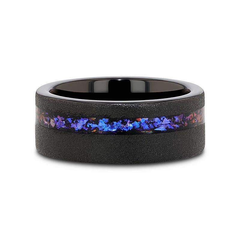 MIRAGE Sandblasted Black Tungsten Ring with Crushed Alexandrite and Dark Blue/Purple Crushed Goldstone – 8mm