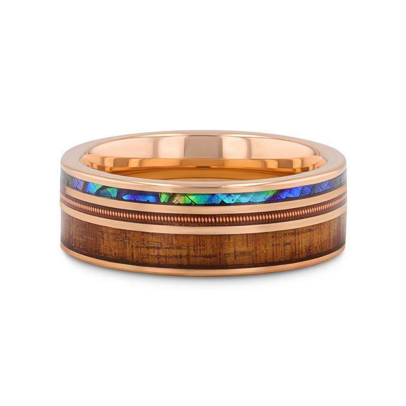 MOANA Smoked Rose Gold Tungsten Ring with Hawaiian Koa Wood, Abalone Shell & Guitar String – 8mm
