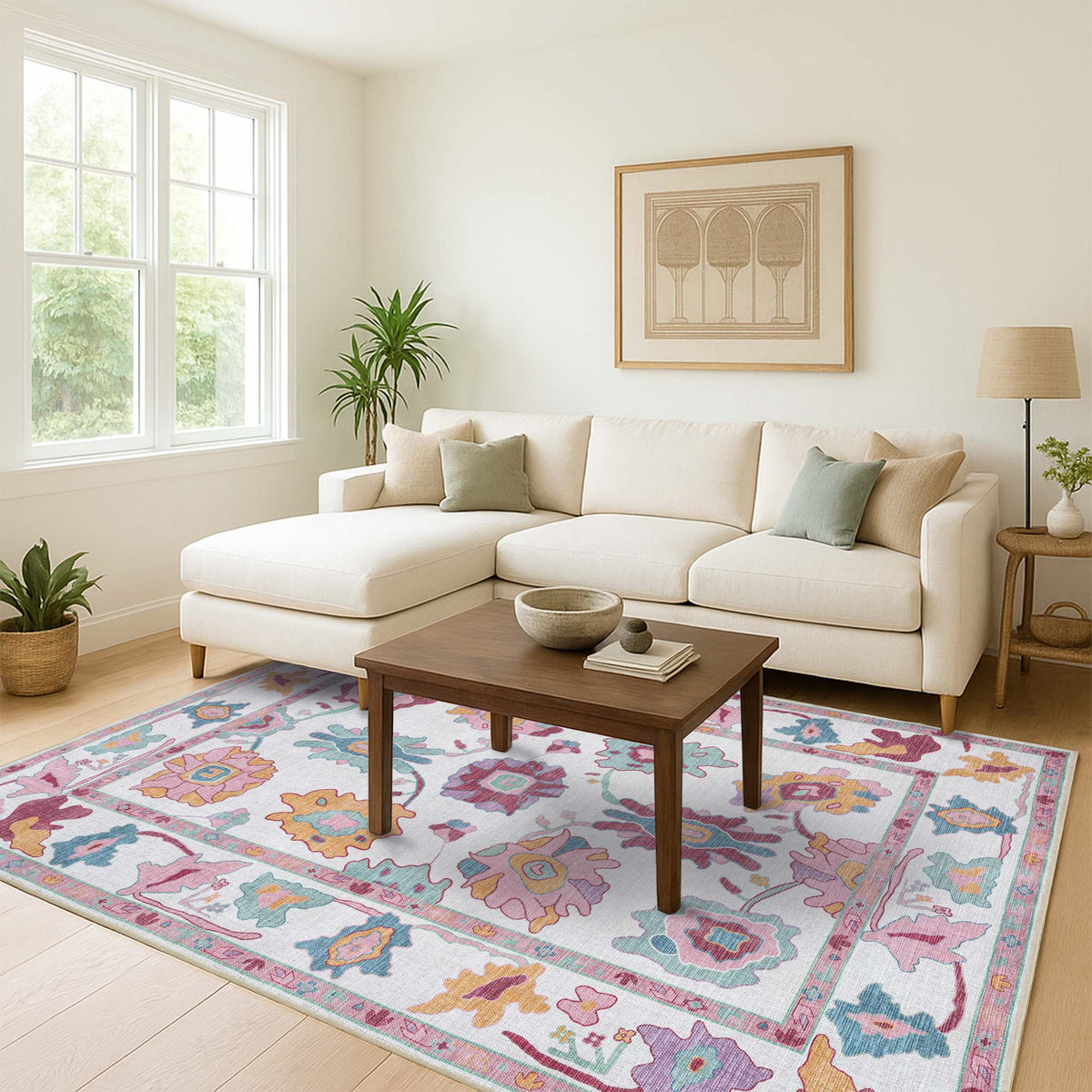 Florine Pastel Pink Orange Floral Oushak Rug