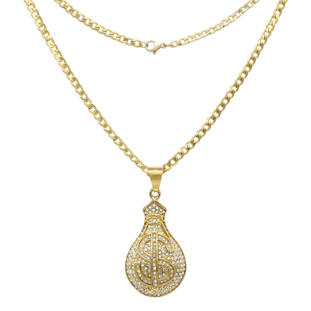 Money Cubic Zirconia Pendant with Necklace Set 14K Gold Plated Stainless Steel