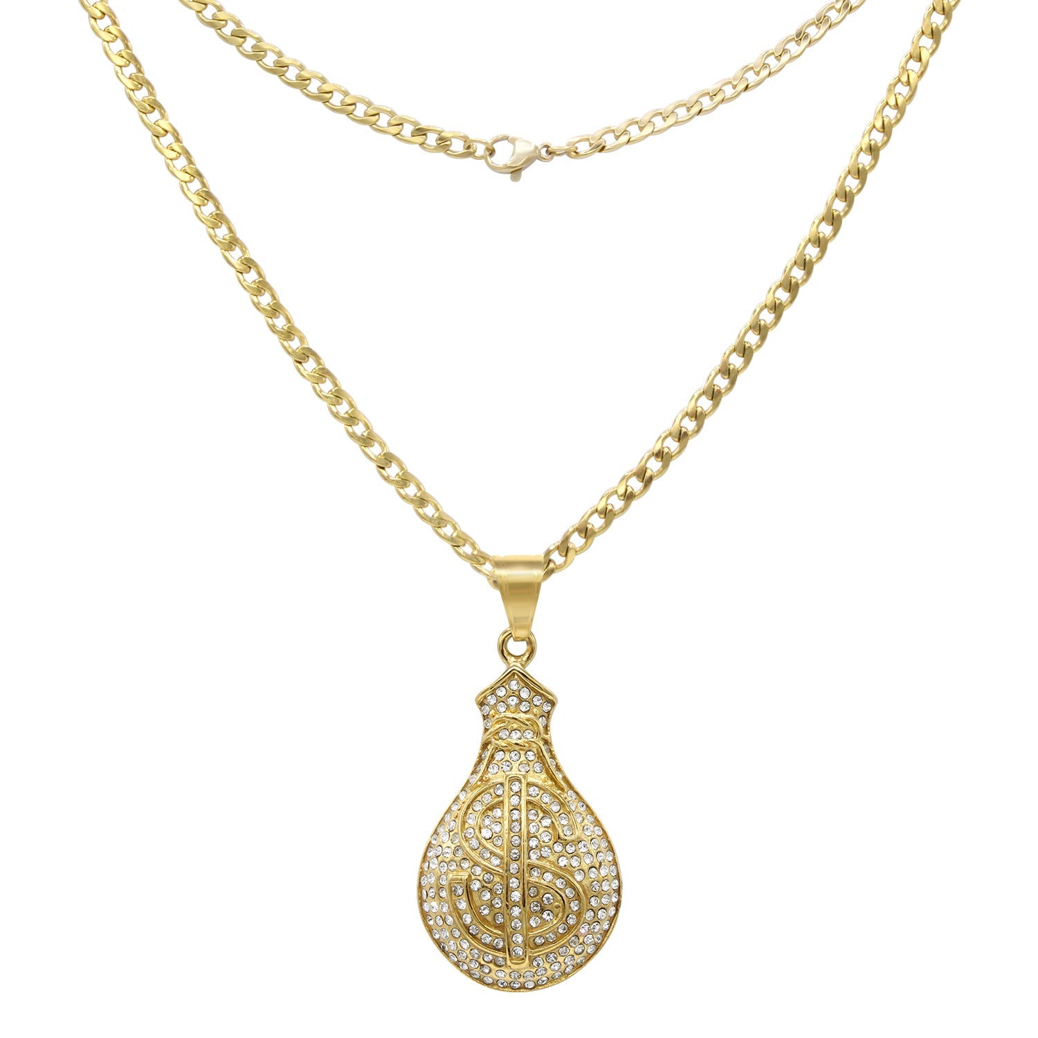 Money Cubic Zirconia Pendant with Necklace Set 14K Gold Plated Stainless Steel