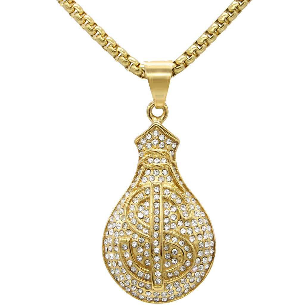 Money Cubic Zirconia Pendant with Necklace Set 14K Gold Plated Stainless Steel