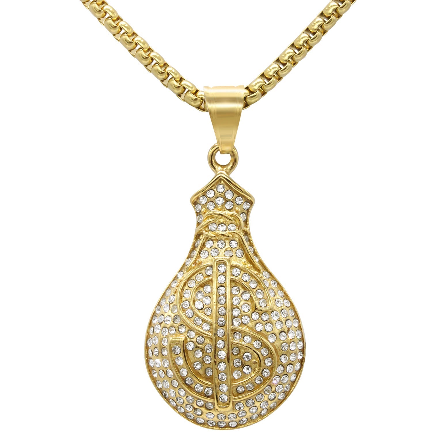 Money Cubic Zirconia Pendant with Necklace Set 14K Gold Plated Stainless Steel