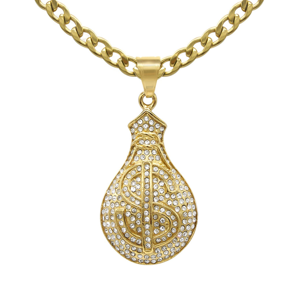 Money Cubic Zirconia Pendant with Necklace Set 14K Gold Plated Stainless Steel