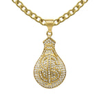 Money Cubic Zirconia Pendant with Necklace Set 14K Gold Plated Stainless Steel