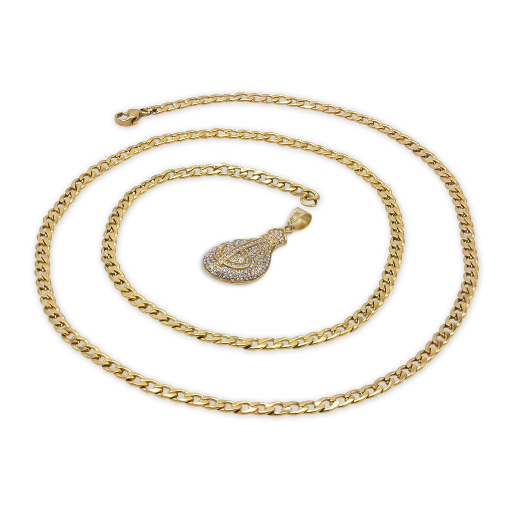 Money Cubic Zirconia Pendant with Necklace Set 14K Gold Plated Stainless Steel