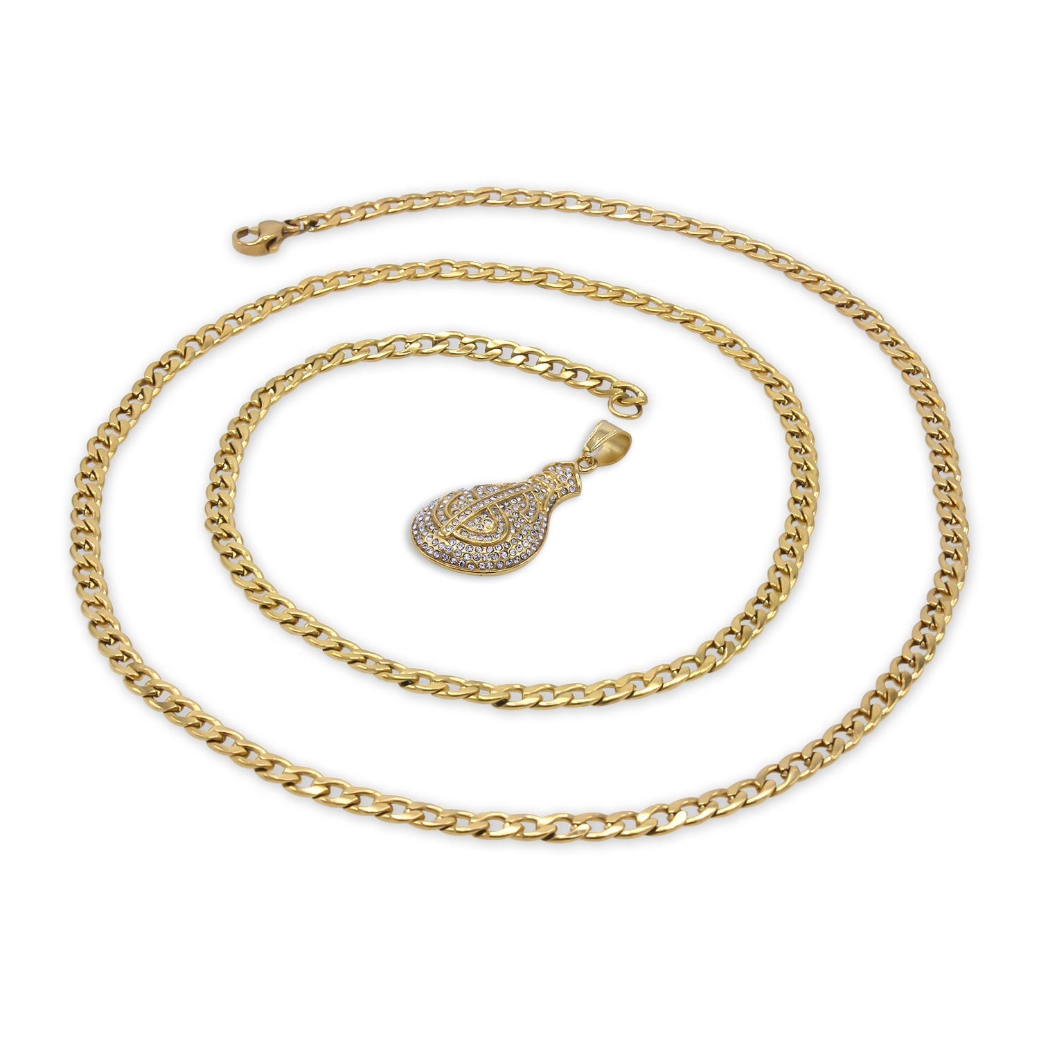 Money Cubic Zirconia Pendant with Necklace Set 14K Gold Plated Stainless Steel