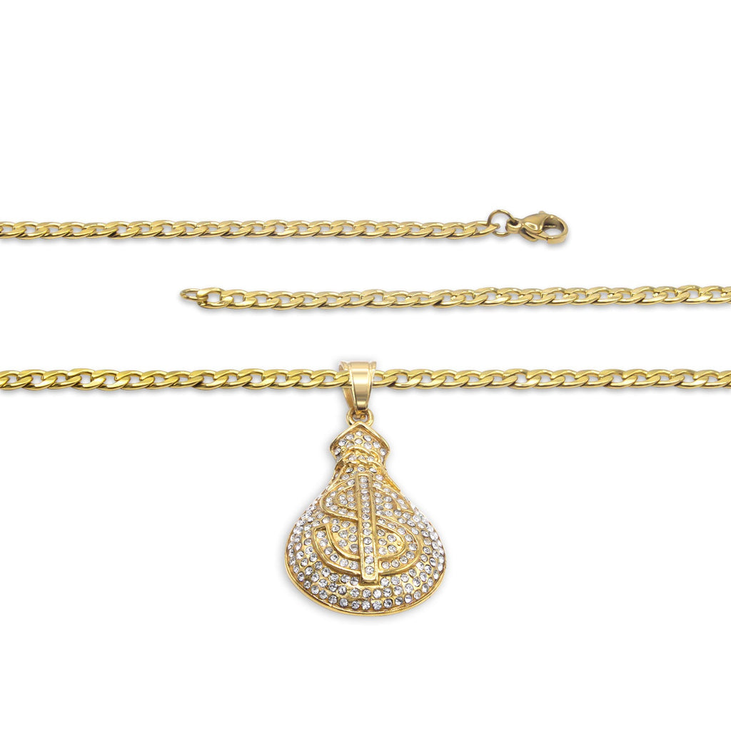 Money Cubic Zirconia Pendant with Necklace Set 14K Gold Plated Stainless Steel