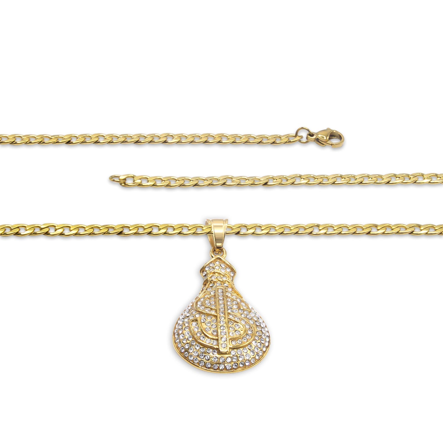 Money Cubic Zirconia Pendant with Necklace Set 14K Gold Plated Stainless Steel