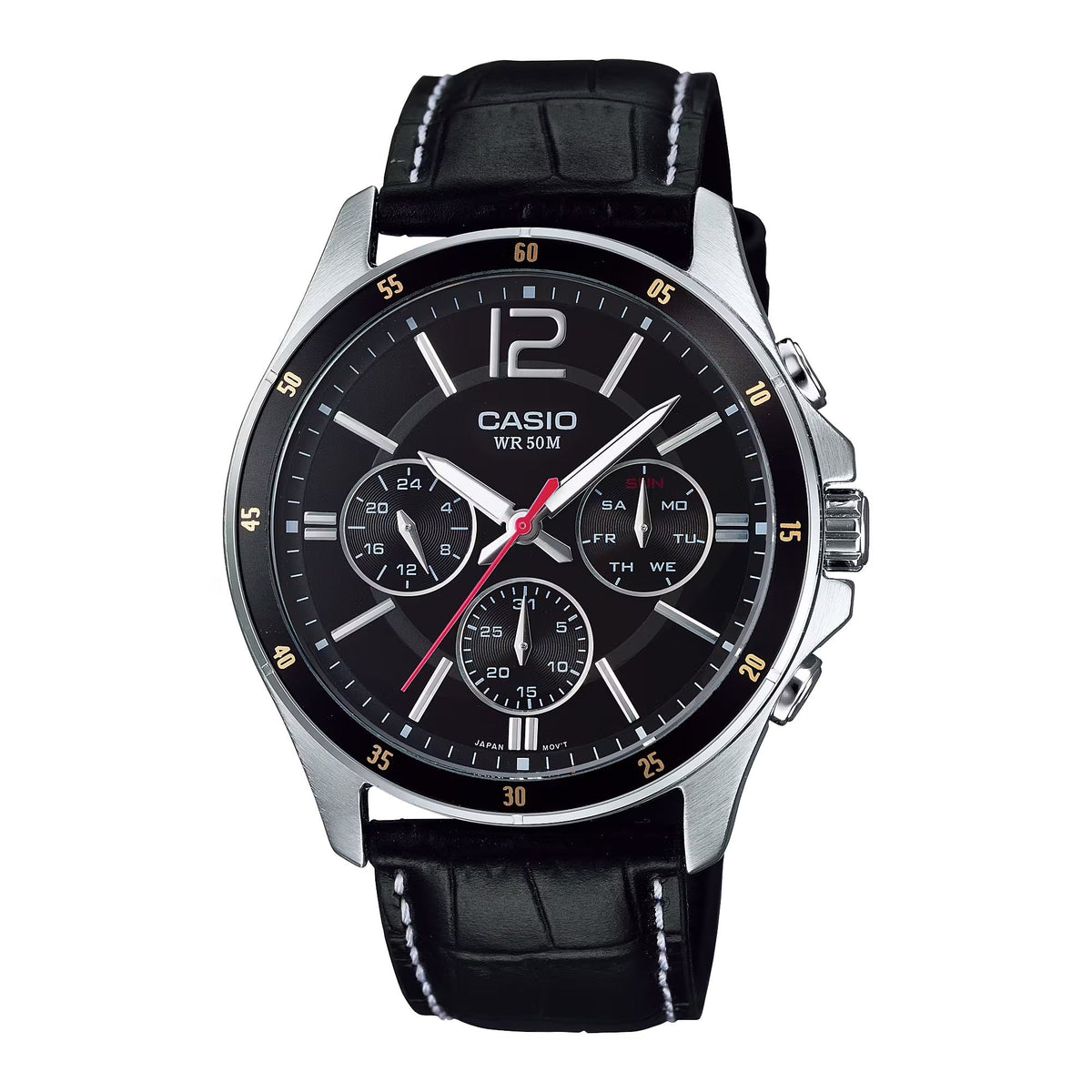 Casio Men's Chronograph Black Dial Watch with Black Leather Band - MTP-1374L-1AV