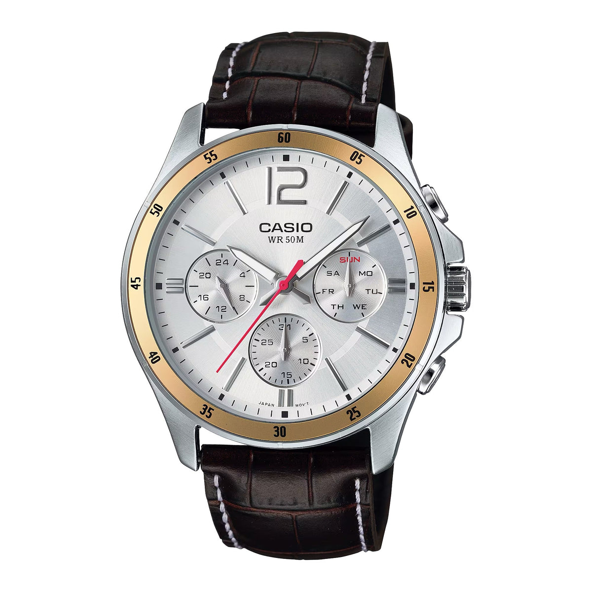 Casio Men's Silver Dial Chronograph Leather Watch with Gold-Tone Bezel - MTP-1374L-7AV