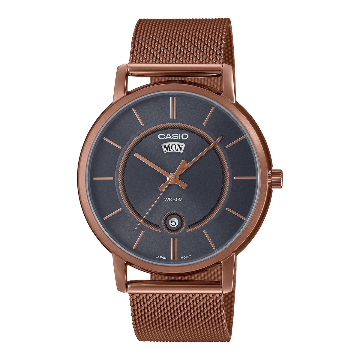 Casio Men's Rose Gold Gray Dial Stainless Steel Mesh Bracelet Watch - MTP-B120MR-8AVDF