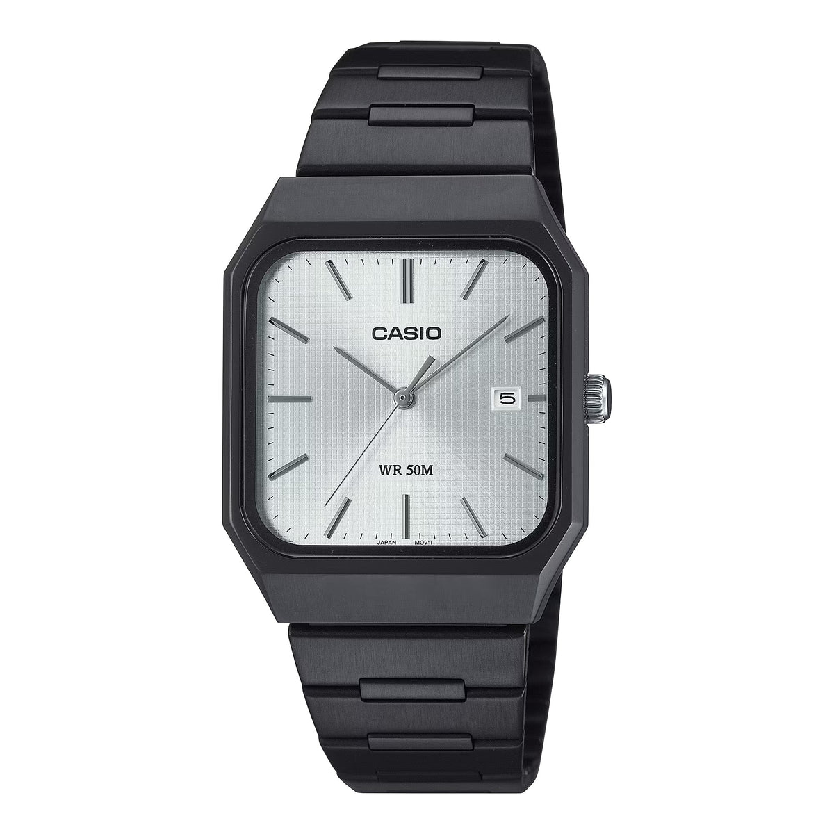 Casio Men's Silver Dial Black Stainless Steel Square Watch - MTP-B185B-7AVDF