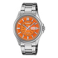 Casio Men's Orange Dial Stainless Steel Day Date Wristwatch - MTP-E740-4AVDF