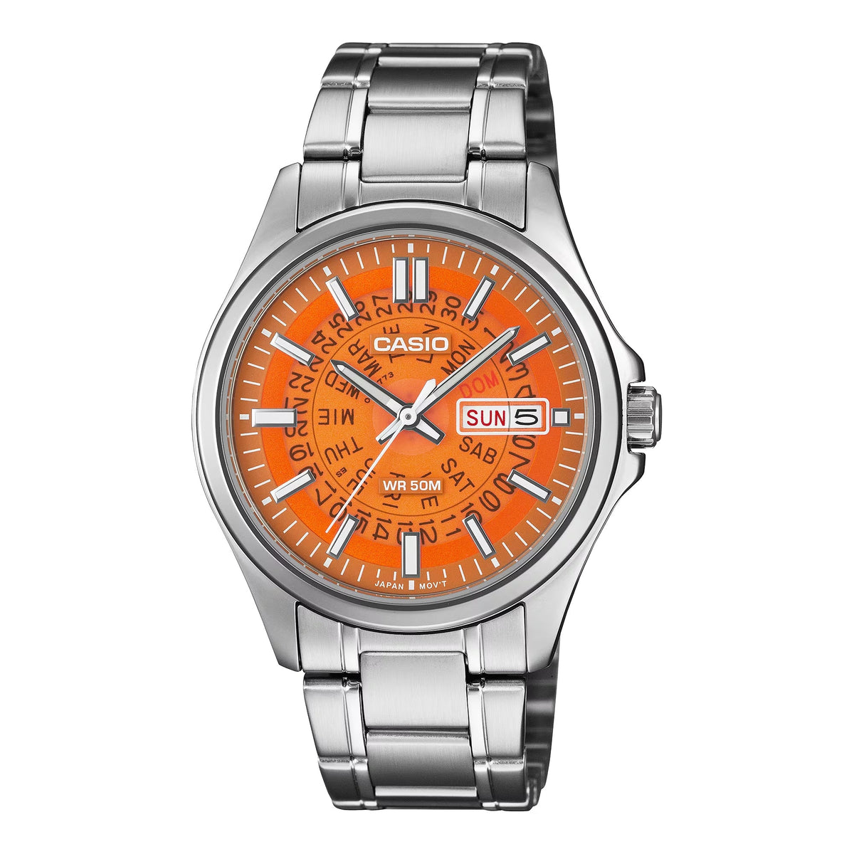 Casio Men's Orange Dial Stainless Steel Day Date Wristwatch - MTP-E740-4AVDF