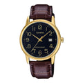 Casio Men's Gold Watch with Black Dial and Brown Leather Band - MTP-V002GL-1BUDF