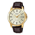 Casio Men's Gold Tone Analog Watch with Brown Leather Strap - MTP-V004GL-9AUDF
