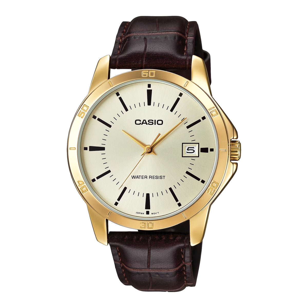 Casio Men's Gold Tone Analog Watch with Brown Leather Strap - MTP-V004GL-9AUDF