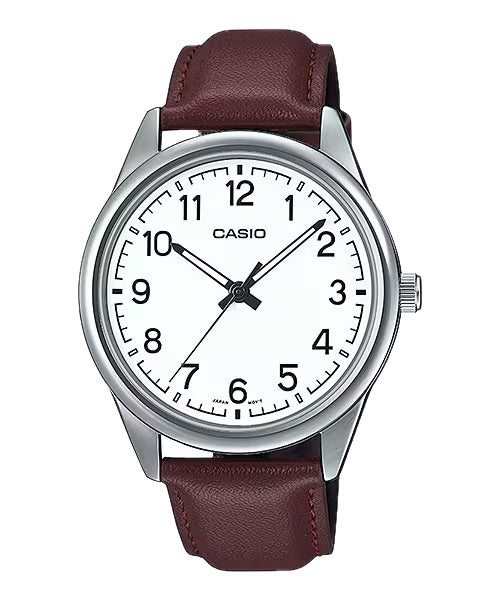 Casio Men's White Dial Brown Leather Strap Analog Watch - MTP-V005L-7B4UDF