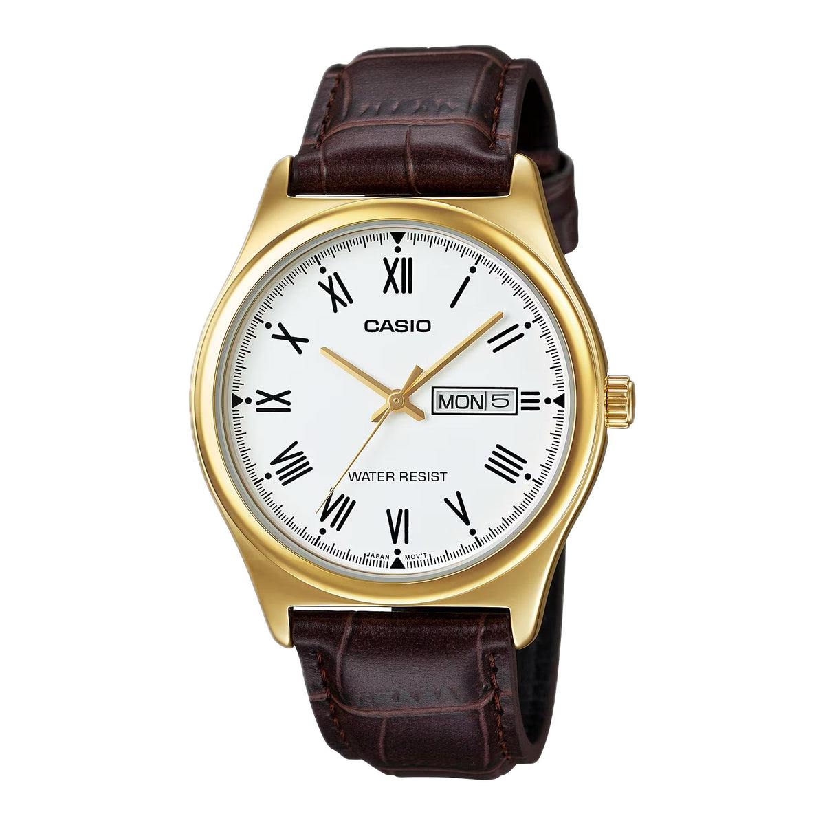 Casio Men's Gold-Tone Case Brown Leather Strap Watch - MTP-V006GL-7BUDF