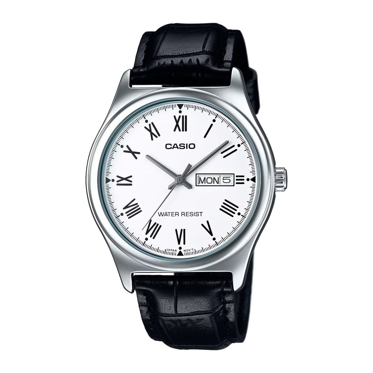 Casio Men's White Roman Dial Day Date Analog Watch with Leather Strap - MTP-V006L-7BUDF