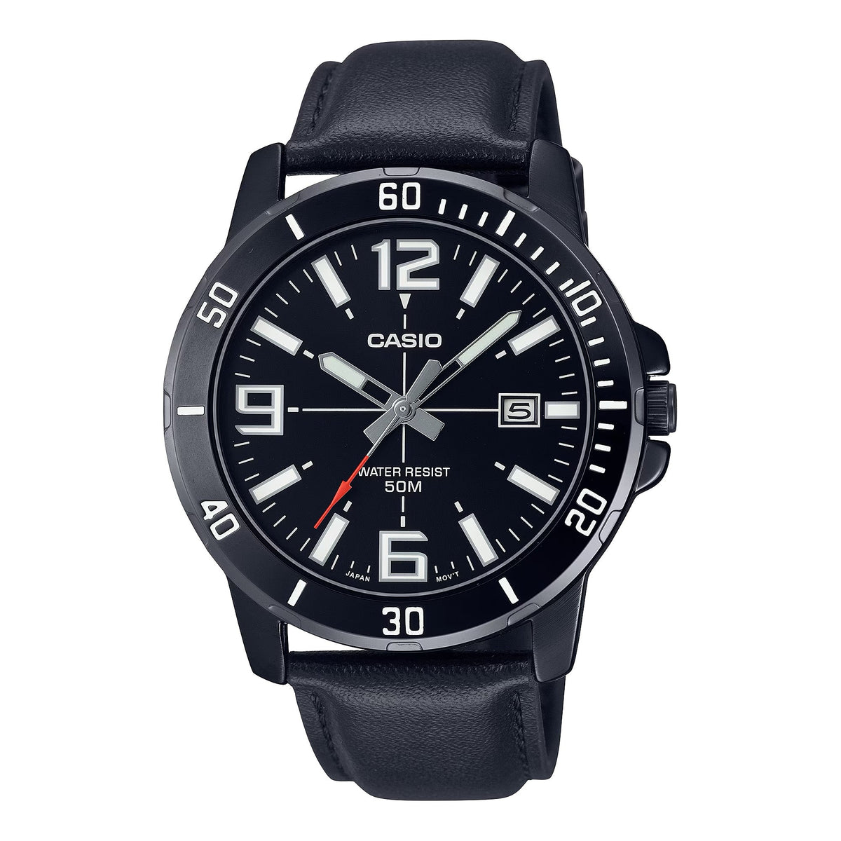 Casio Men's Black Analog Watch with Date Display and Leather Band - MTP-VD01BL-1BV