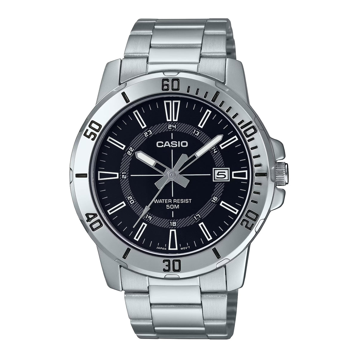 Casio Men's Silver Analog Watch with Black Dial and Date Display - MTP-VD01D-1CV