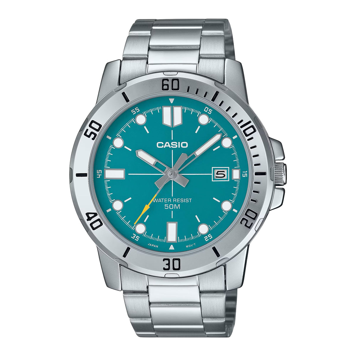Casio Men's Silver Stainless Steel Watch with Teal Dial - MTP-VD01D-3E2VUDF