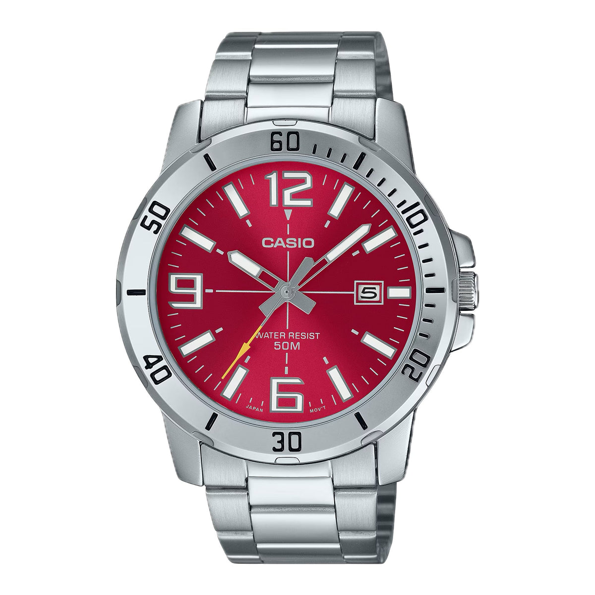 Casio Men's Red Dial Stainless Steel Bracelet Watch - MTP-VD01D-4BVUDF