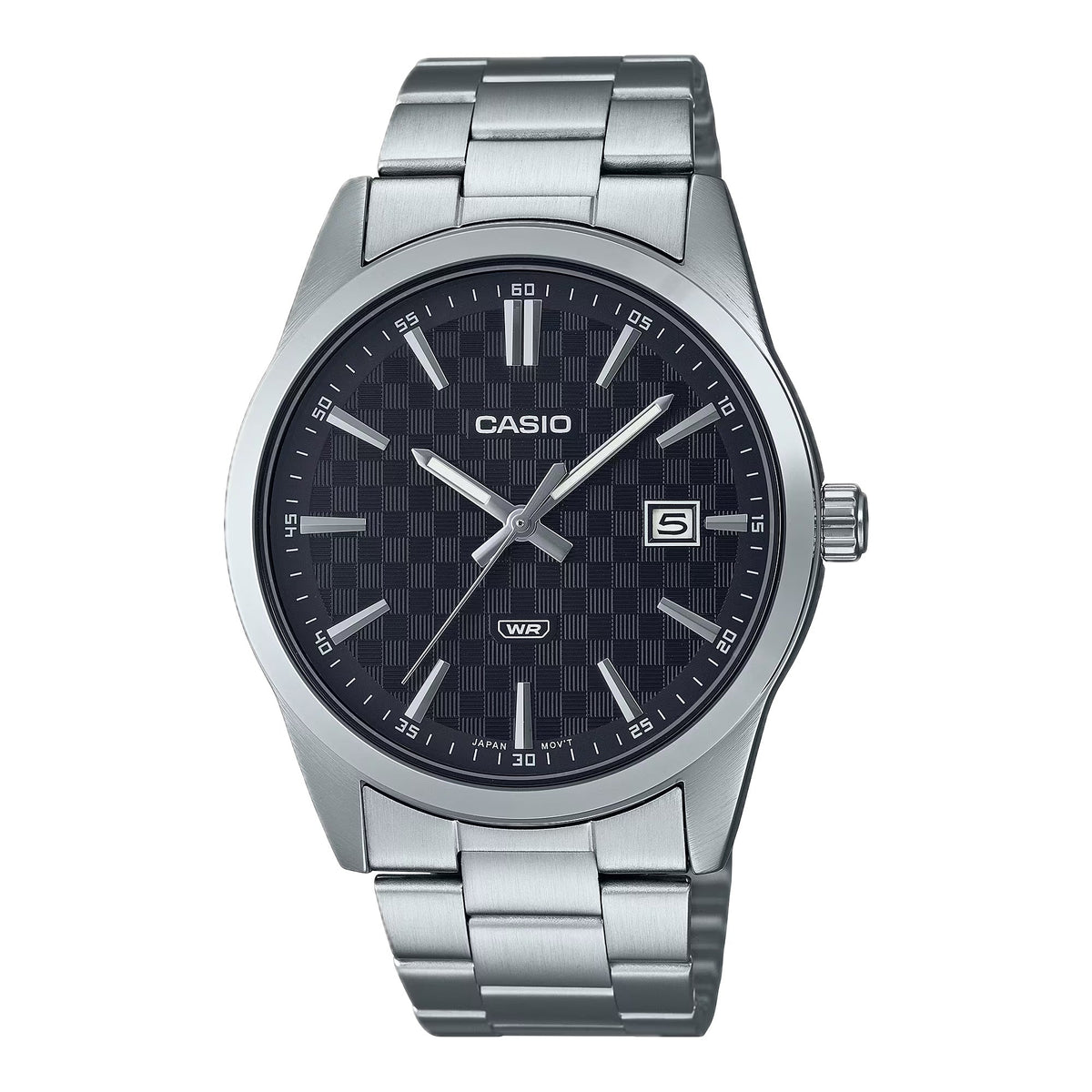 Casio Men's Black Check-Pattern Dial Stainless Steel Bracelet Watch - MTP-VD03D-1AUDF