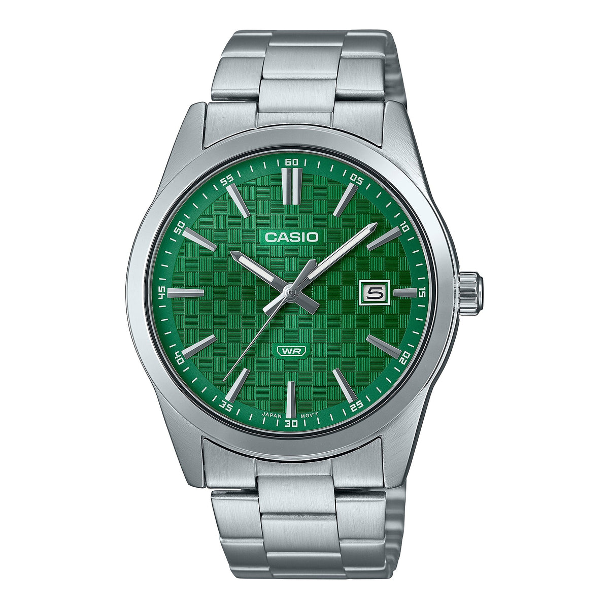 Casio Men's Silver Stainless Steel Watch with Green Textured Dial - MTP-VD03D-3A1UDF