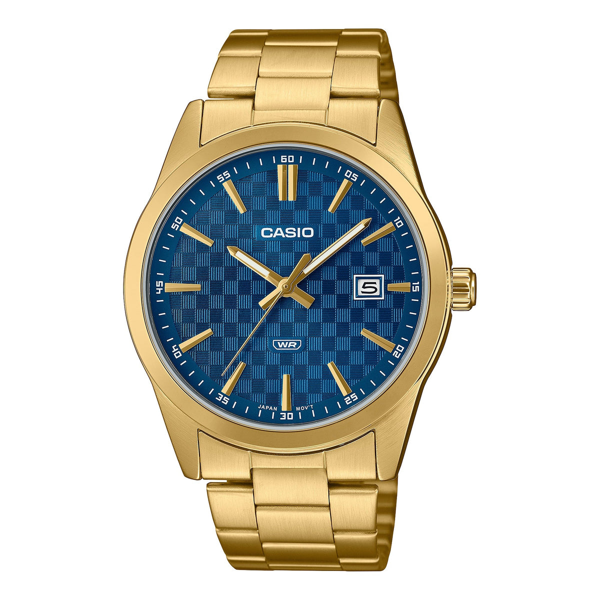 Casio Men's Gold Analog Watch with Blue Pattern Dial and Date Display - MTP-VD03G-2A