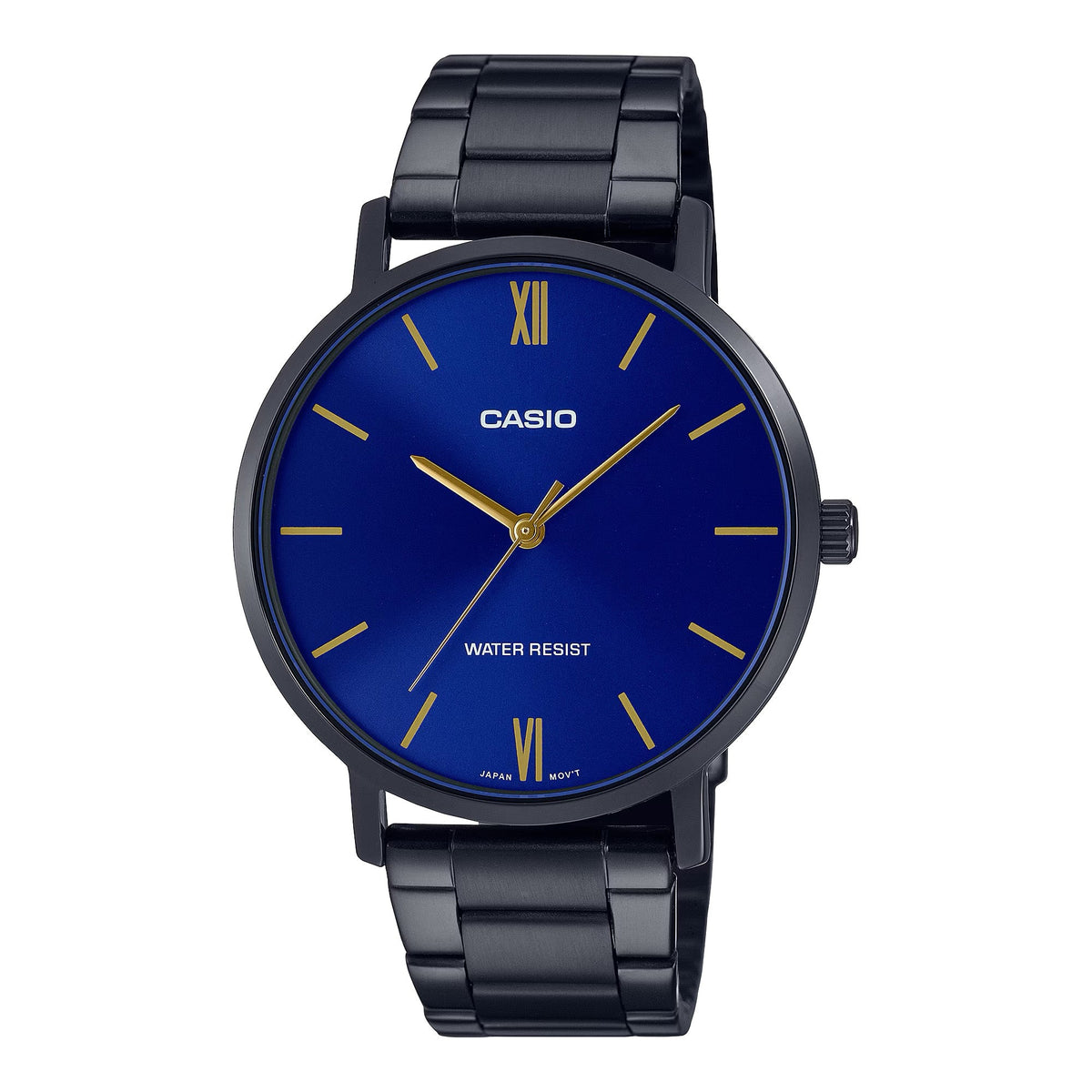 Casio Men's Black Stainless Steel Watch with Blue Dial - MTP-VT01B-2BUDF