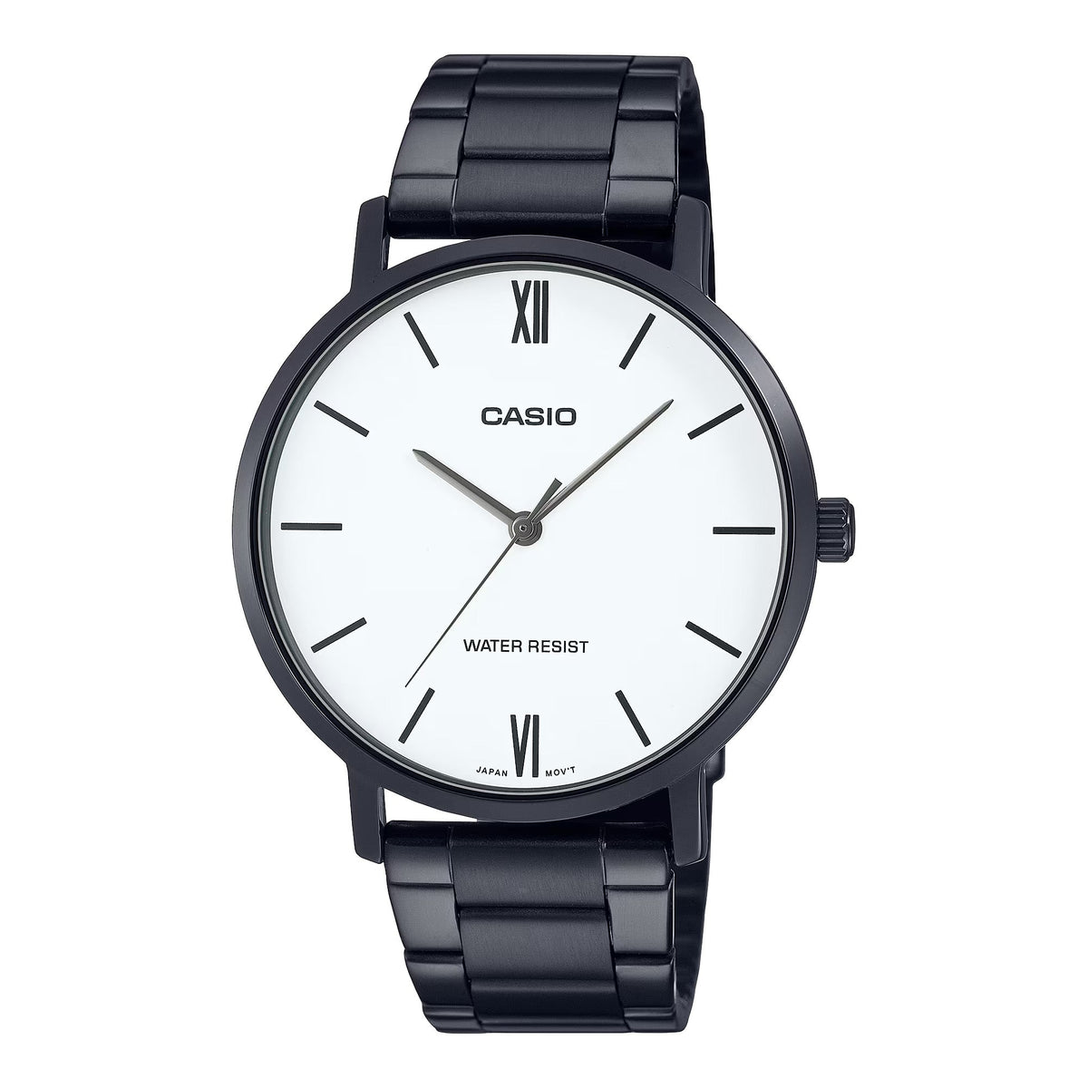 Casio Men's Black Stainless Steel Watch with White Dial - MTP-VT01B-7BUDF