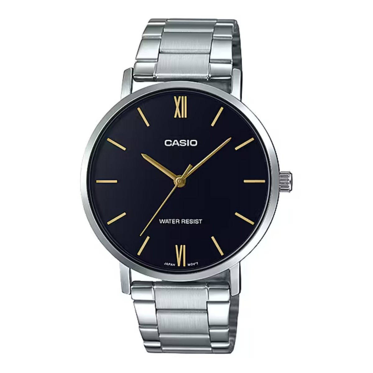 Casio Men’s Black Dial Analog Watch with Gold Accents Steel Bracelet - MTP-VT01D-1BUDF