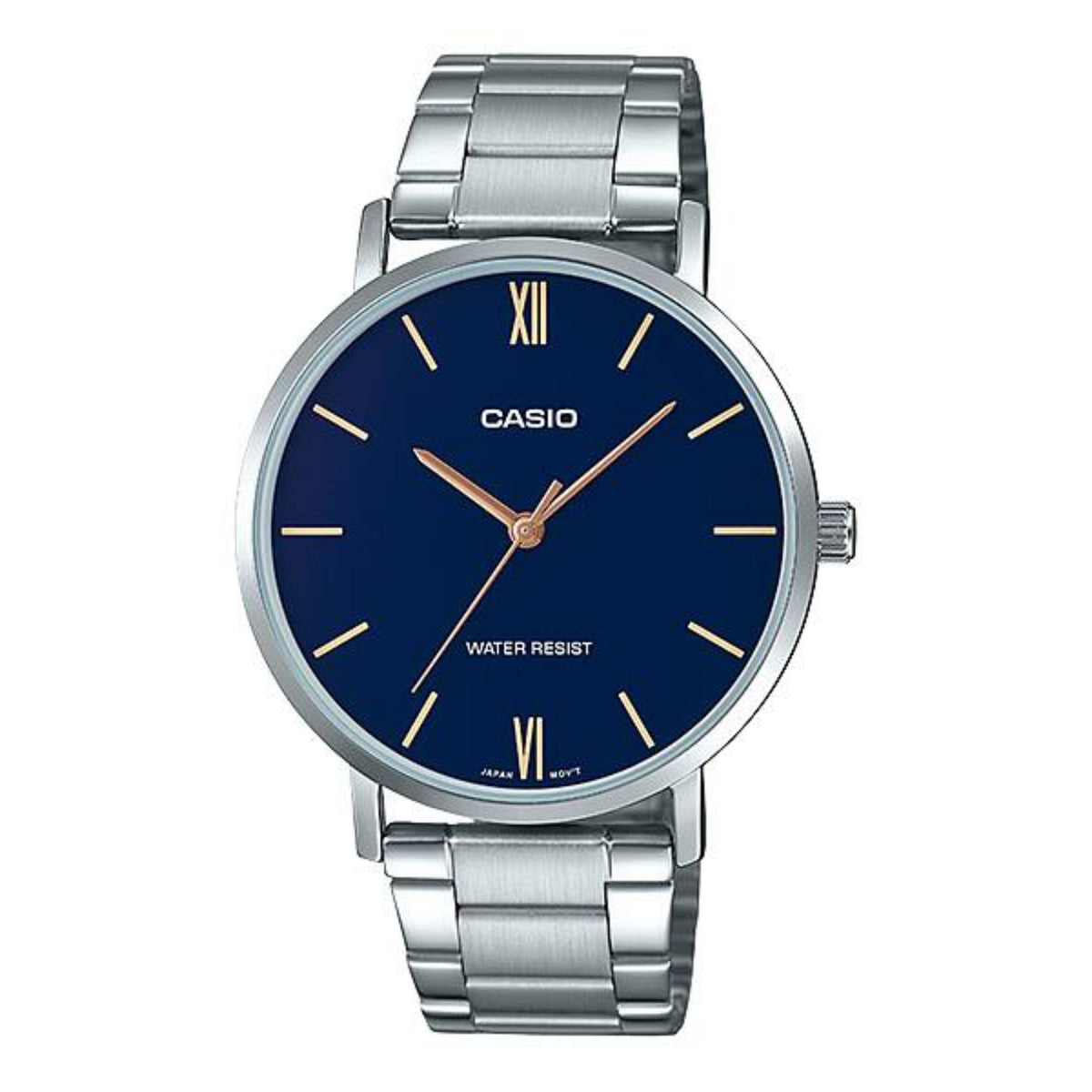 Casio Men's Silver Bracelet Analog Watch with Blue Dial - MTP-VT01D-2BUDF