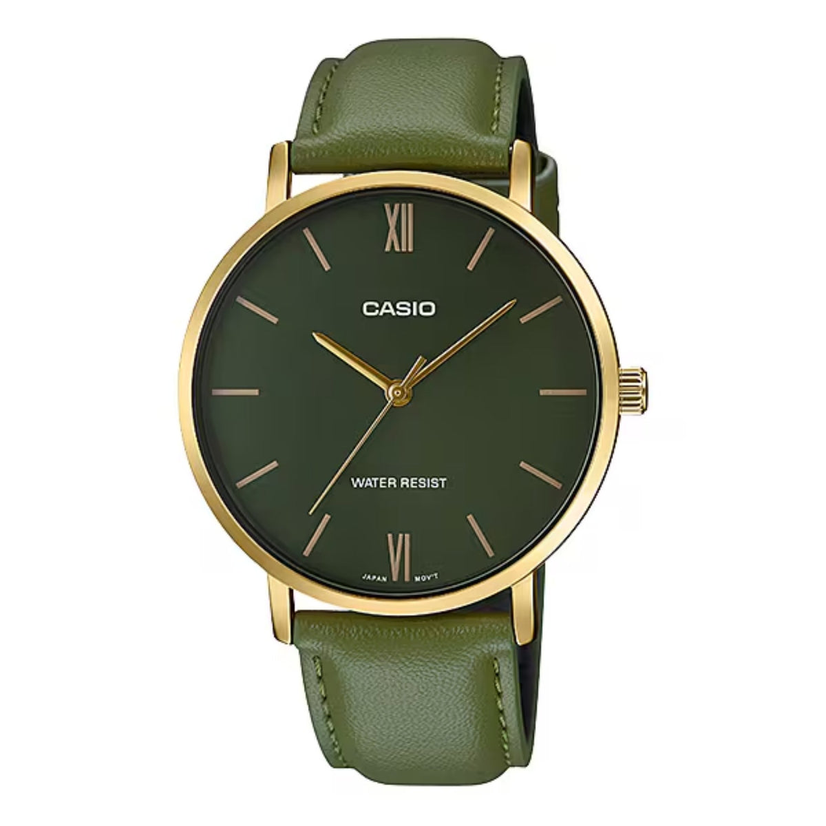 Casio Men's Green Leather Analog Watch with Green Dial - MTP-VT01GL-3BUDF
