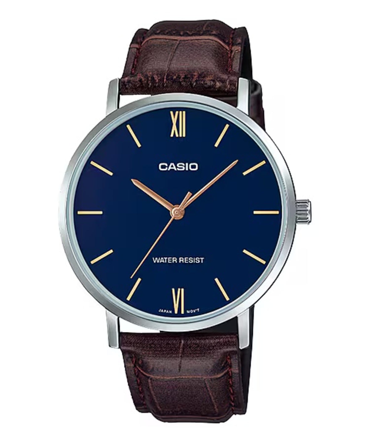 Casio Men's Brown Leather Watch with Blue Dial Ð MTP-VT01L-2BUDF