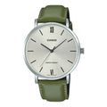 Casio Men's Silver Dial Watch with Green Leather Strap - MTP-VT01L-3BUDF