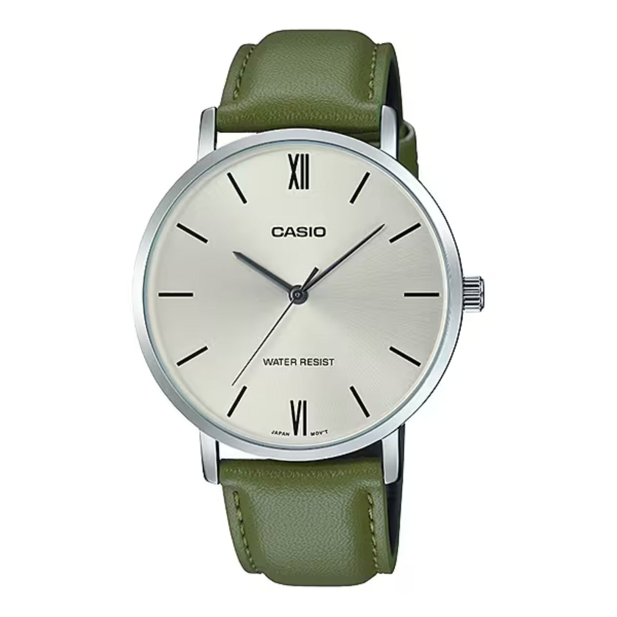 Casio Men's Silver Dial Watch with Green Leather Strap - MTP-VT01L-3BUDF