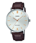 Casio Men's Silver Analog Watch with Orange Accents and Brown Leather Strap - MTP-VT01L-7B2