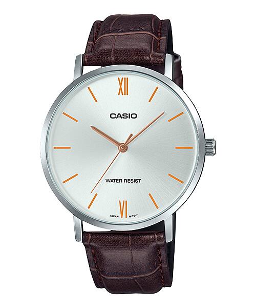 Casio Men's Silver Analog Watch with Orange Accents and Brown Leather Strap - MTP-VT01L-7B2