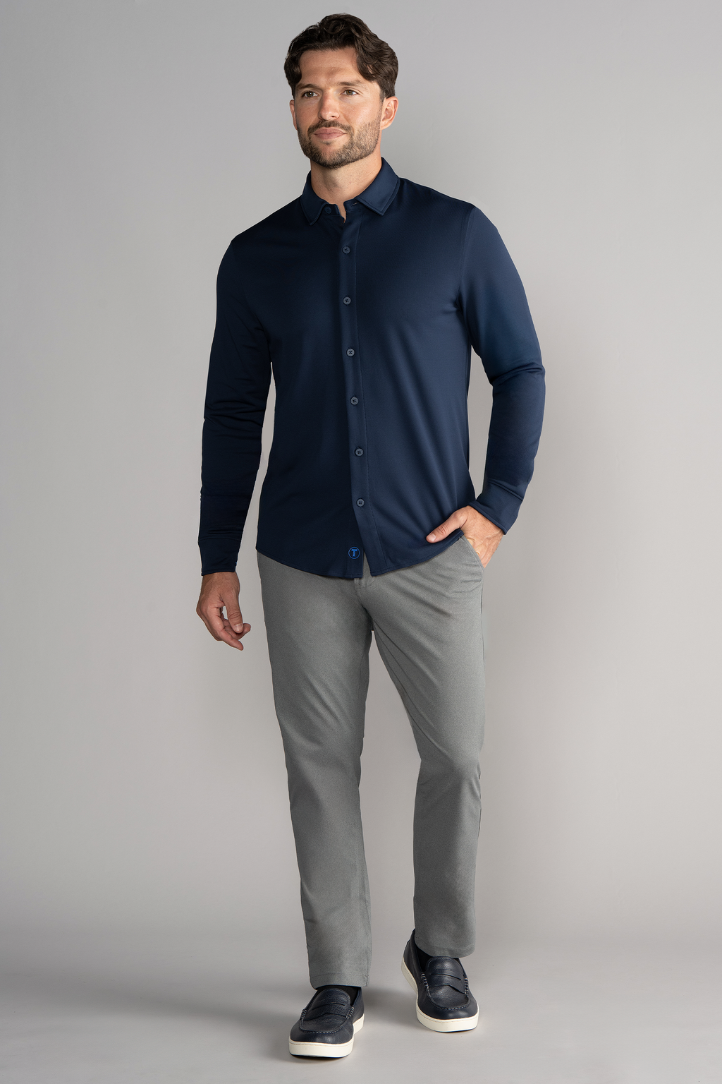 Long Sleeve Button Down Polo Solid // Navy