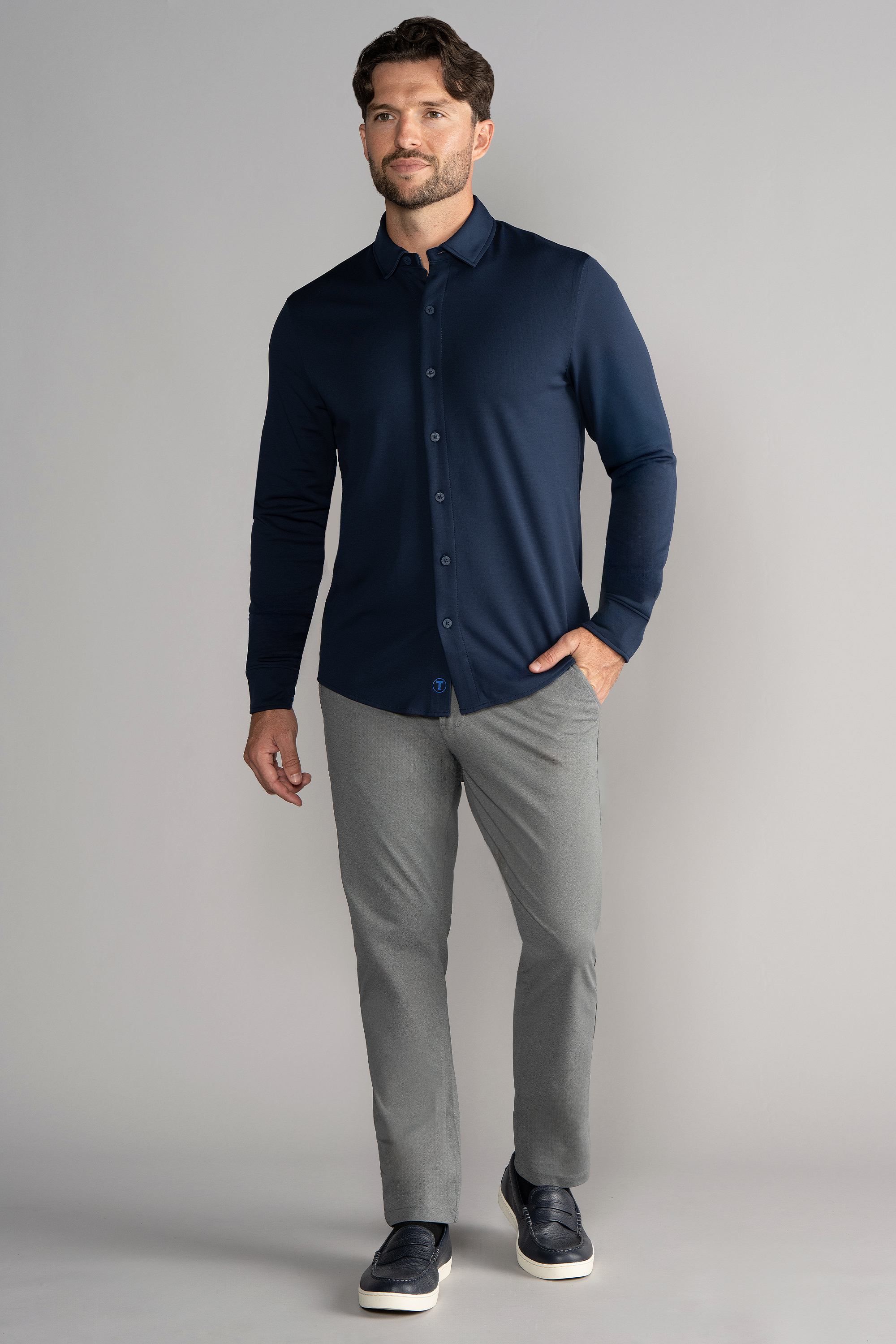 Long Sleeve Button Down Polo Solid // Navy
