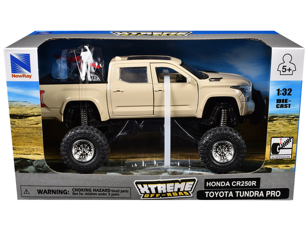 Toyota Tundra Pro Pickup Truck Tan and Honda CR250R Motorcycle Red and White "Xtreme Off-Road" Series 1/32 Diecast Models by New Ray