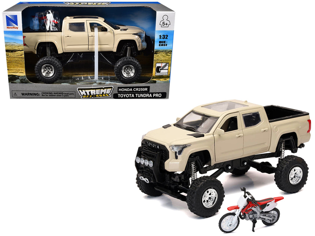 Toyota Tundra Pro Pickup Truck Tan and Honda CR250R Motorcycle Red and White "Xtreme Off-Road" Series 1/32 Diecast Models by New Ray